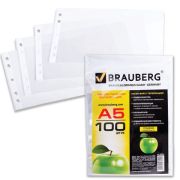 Папки-файлы перфорированные А5 BRAUBERG, КОМПЛЕКТ 100шт,горизонтальные,гладкие,Яблоко,0,035мм,223085